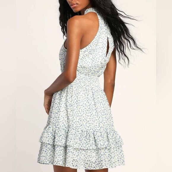 Lulu’s Sweet Like Me Mint Floral Sleeveless Mock Neck Mini Dress Size Medium - Picture 3 of 10